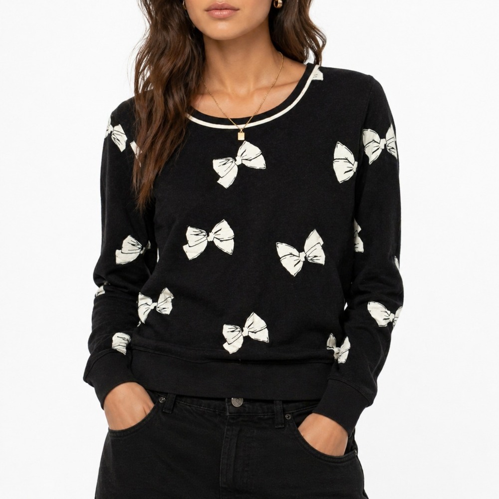 Kate Spade Pullover Sweater Women's Size XS Black Graphic Print Ribbed‎ Cuffs